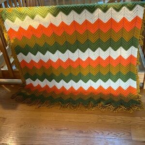 Handmade Crochet blanket Afghan blanket. Orange green & cream fringe